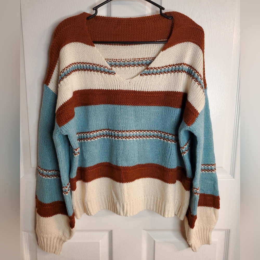 SHEIN V-Neck Sweater - Blue, Brown, and Cream. Size L. #SW